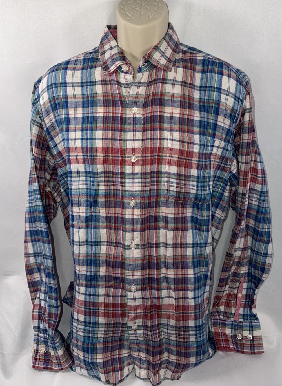 Tommy Bahama Mens Large Blue Red Linen Plaid Button-Up Shirt Long Sleeve Summer